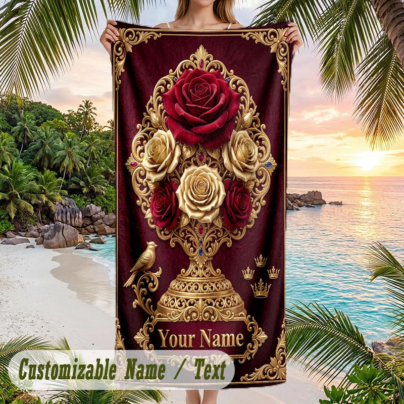 Roses Elegance 4 Theme Quick Dry Beach Towel Custom Name Text Print Large Sand Resistant Towel Beach Vacation