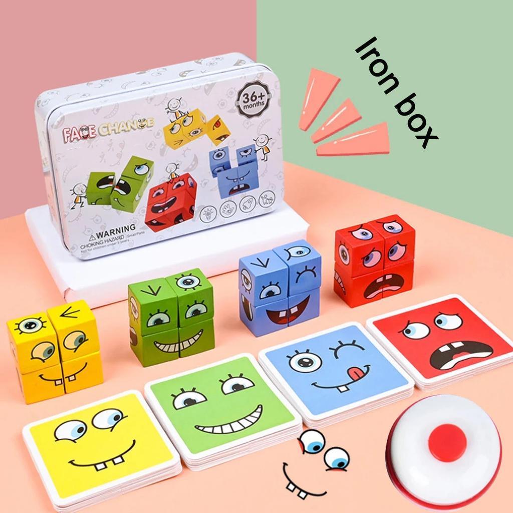 Wooden Face Changing Cube Toys Building Blocks For Cartoon Puzzle Montessori Jigsaw Kids Toy Educational Board Game Family Toys