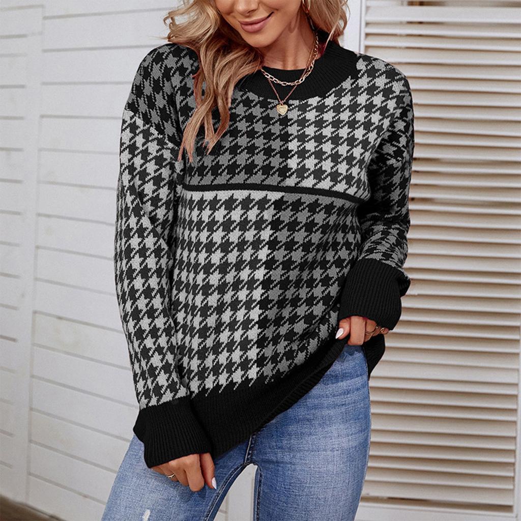 Ladies Fashion Casual Loose Knit Contrast Houndstooth Pullover Sweater
