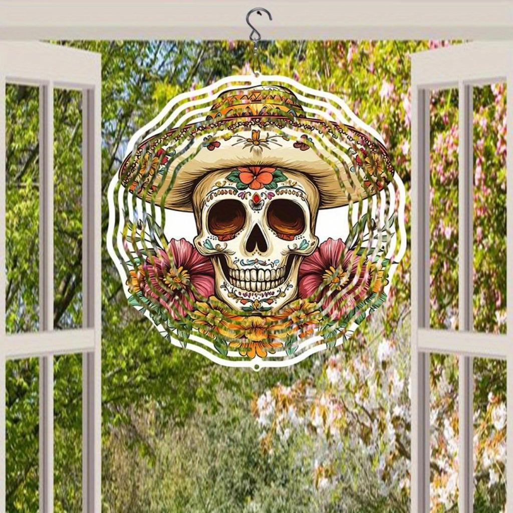 Kaijit - 1pc No Battery Required Cinco De Mayo Skull with Hat Mandala Wind Powered Rotating Wind Chime - Dynamic 2D Hanging Garden Art