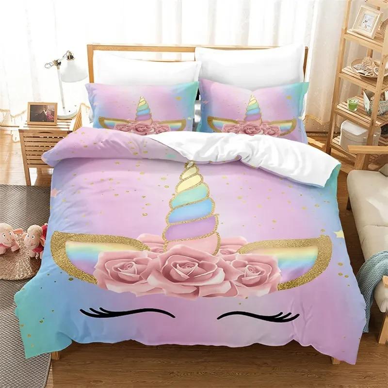 Magical Unicorn Ultra Soft Girls King Queen Bedding Set Microfiber With Sparkle Stars Print Duvet Cover Pillow Case Home Textile