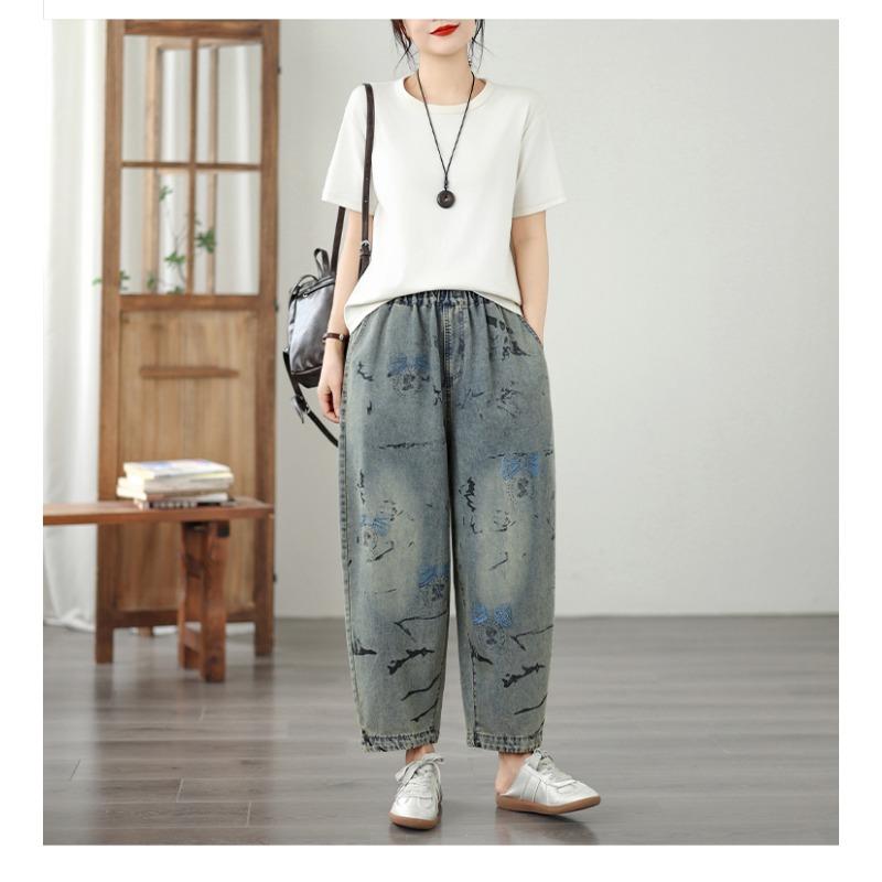 DIMANAF 2026 Summer New Plus Size Women Jeans Elastic Waist Long Pants Print Loose Casual Denim Cotton Trousers Pants