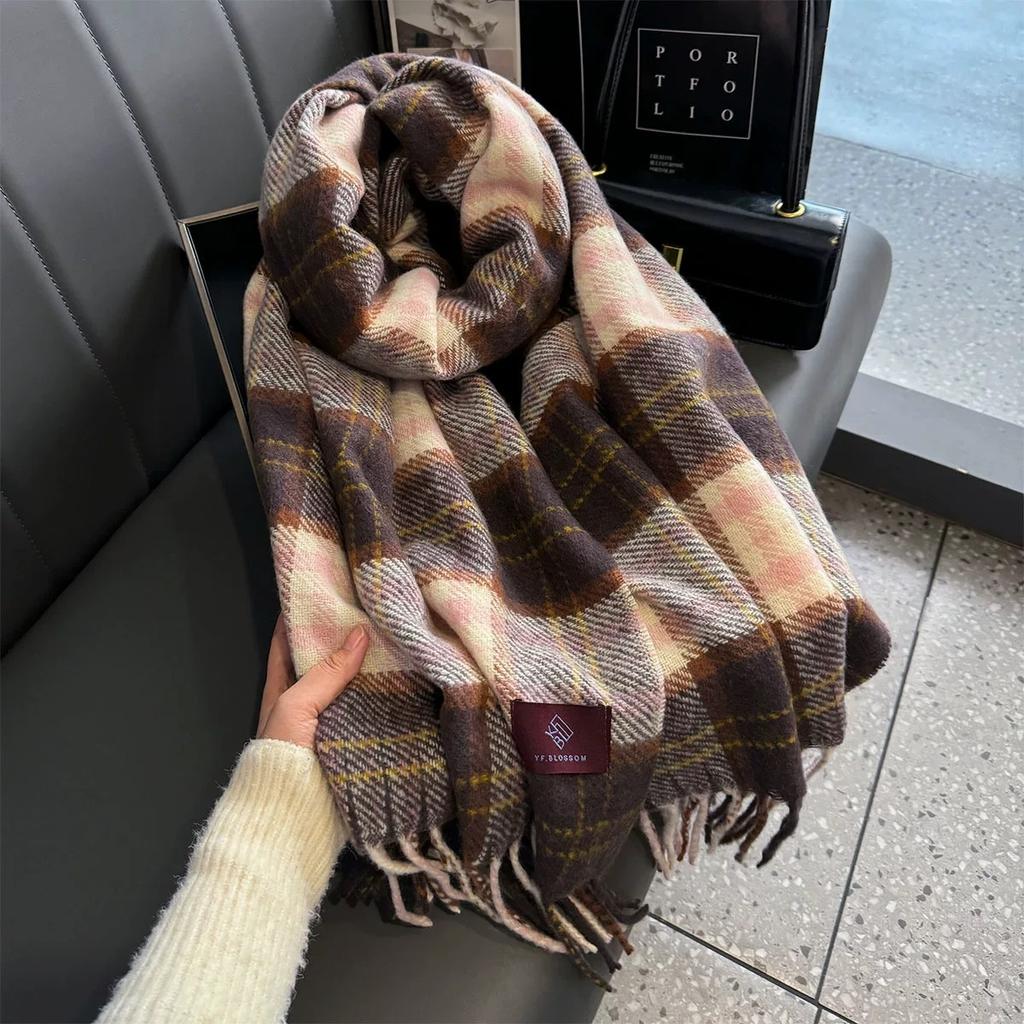 Autumn and Winter Scarf Women's Winter Double sided Plaid High End Tassel Thickened Warm Plum Sauce Purple Scarf
