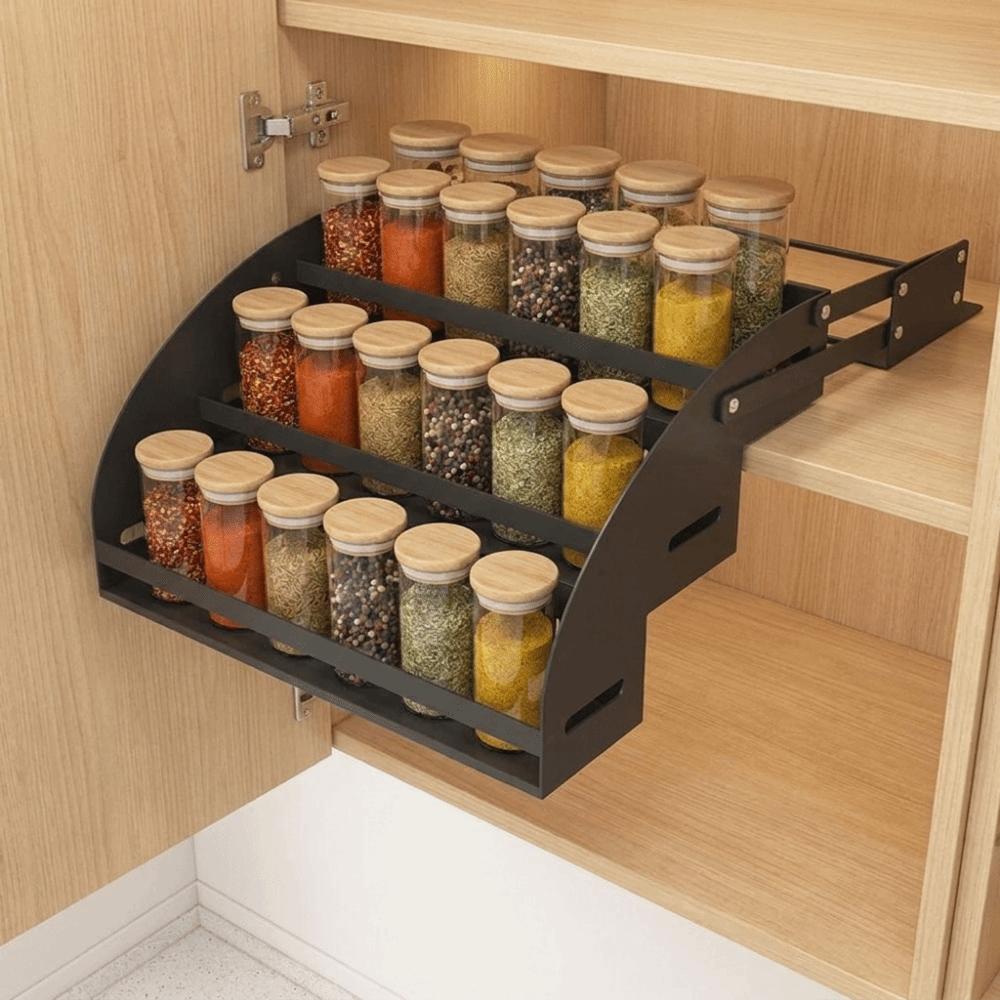 Anti Deformation 3-Tier Pull Down Spice Rack Stainless Steel Seasoning Storage Rack Kitchen