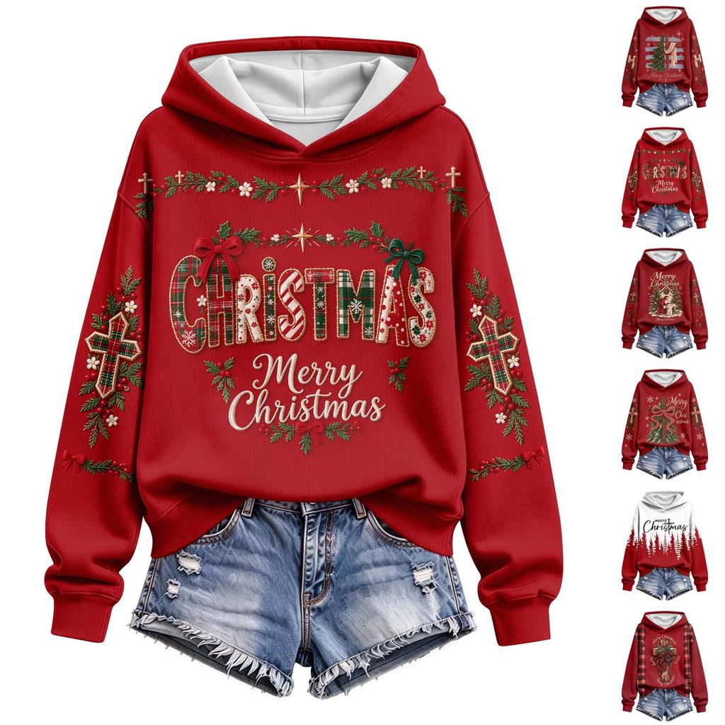 Women's Christmas Print Hoodie Casual Long Sleeve Pullover Sweatshirt for Holiday Winter