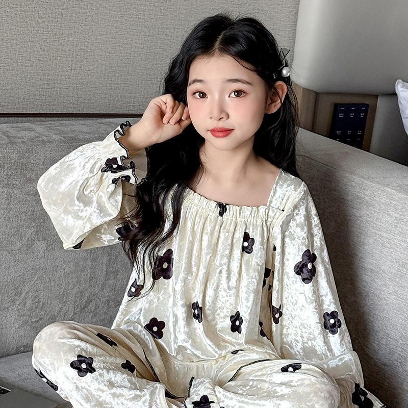 Czarny Piżamowy Zestaw z Złotego Weluru w Kwiaty dla Dziewczynek - Nowość Wiosna/Jesień 2025