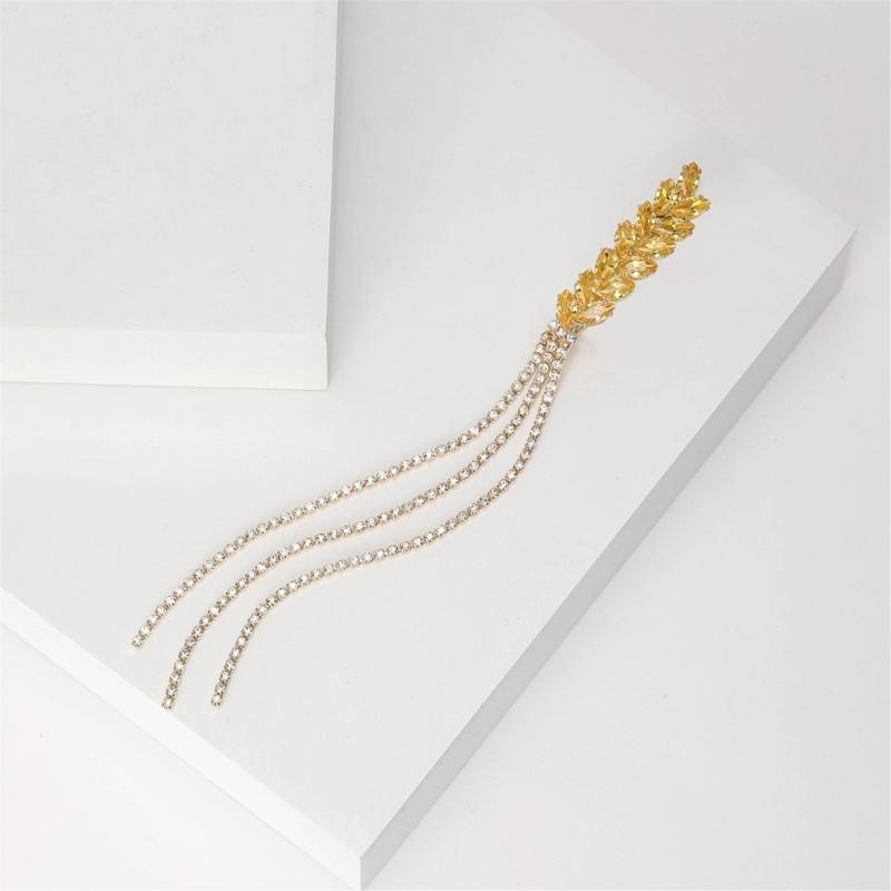 Elegant Women's Brooch with Long Thread Lapel Pin Stylish Wheat Ear Jewelry Flowing Fringe Sparkling Crystal Lapel Pins