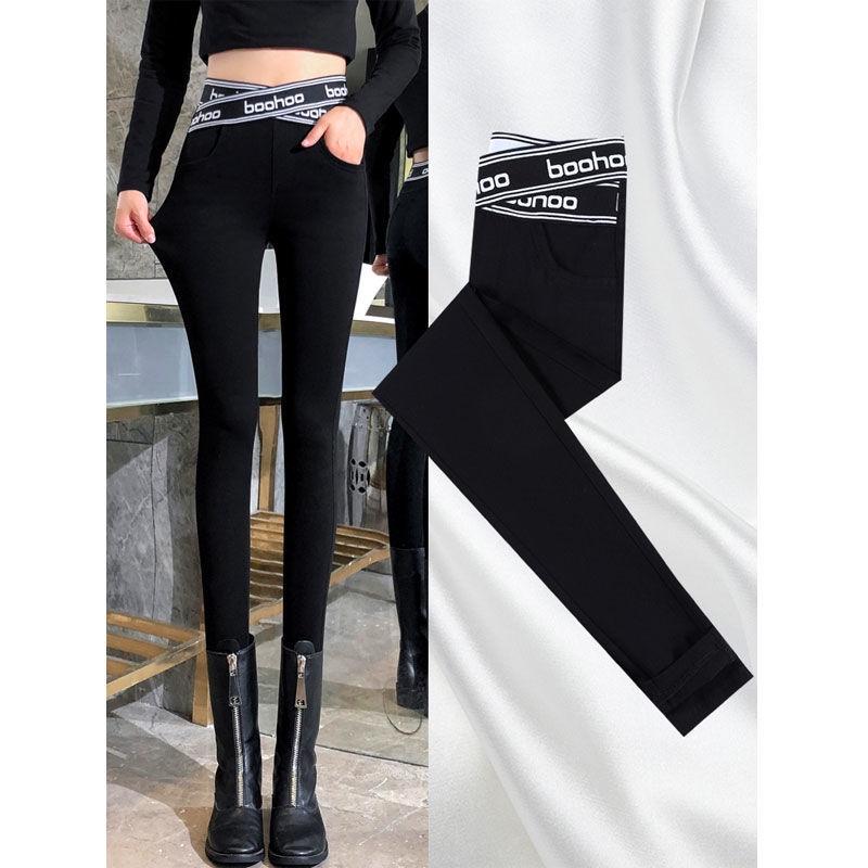 Leggings Cross Waist Stretch Outer Wear Thin High Waist Letter Magic Nine-Point Black Pants