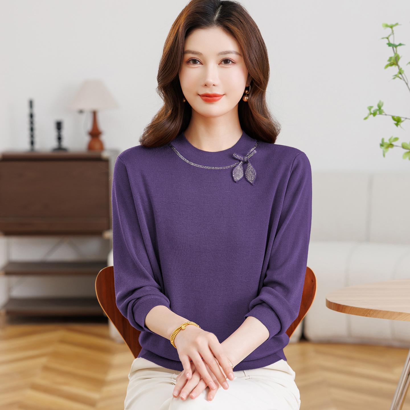 

Women s Mid-Age Knit Long Sleeve Round Neck Solid Color Plus Size Shirt for Spring & Autumn 4XL фиолетовый