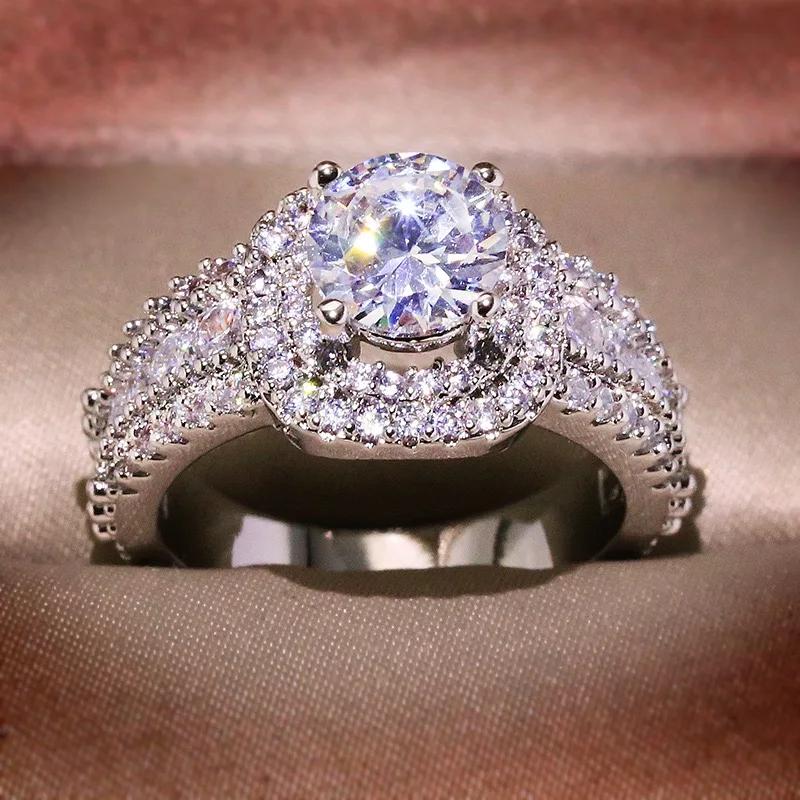 925 Silver Square Zircon Full Diamond Ring, Ladies Banquet Engagement Party Birthday Gift