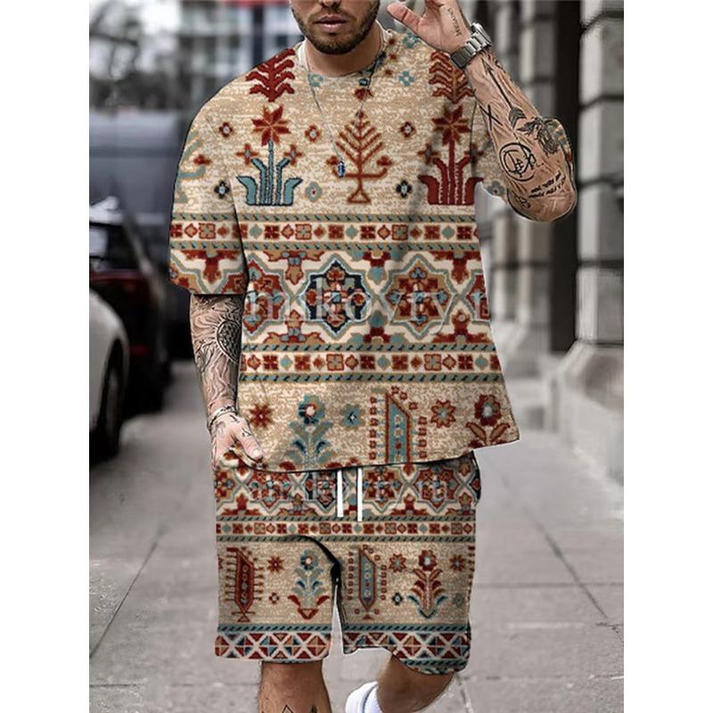 2025 New Summer Men's Short Sleeve Shorts Set Street Everyday Casual Men's T-Shirt Outdoor Fashion Loose Shorts Bohemian Print