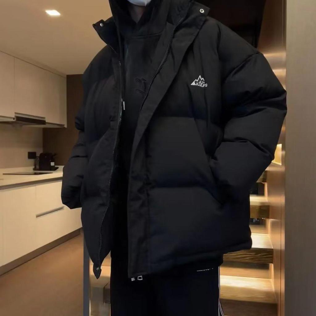 Men's Winter Black Embroidered Cotton Jacket: Thick, Soft, Stand-Up Collar, Loose-Fit.