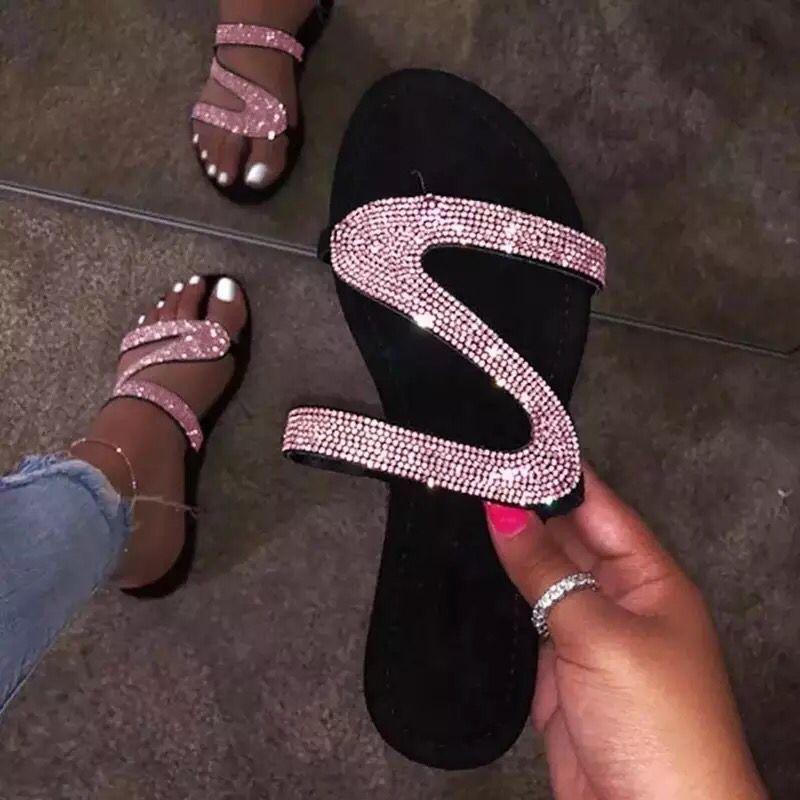 Spring and summer new large size flat toe cool slippers female sweet rhinestones, beach slippers