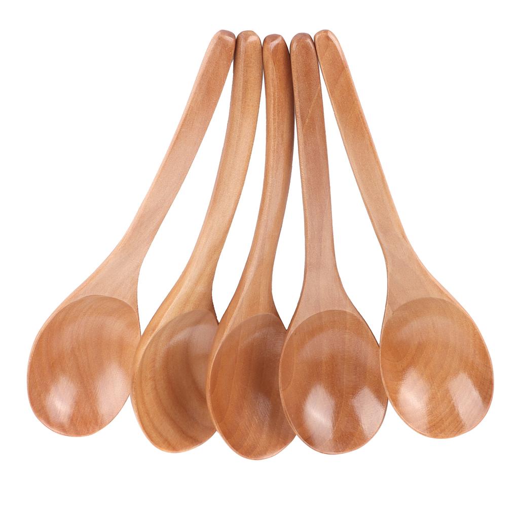5Pcs Wooden Soup Spoon with Curved Handle Multi Purpose Rice Scoop for Home Kitchen(Wood Color )