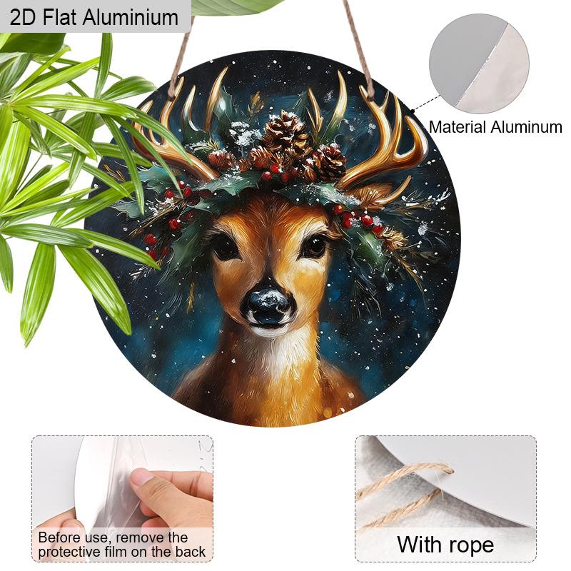 2D Flat Aluminium Christmas Sign with Elk Pattern - Navidad Figurine Ornaments - Ideal for Front Door, Wall, Porch, Fence Decor - Ideal Christmas