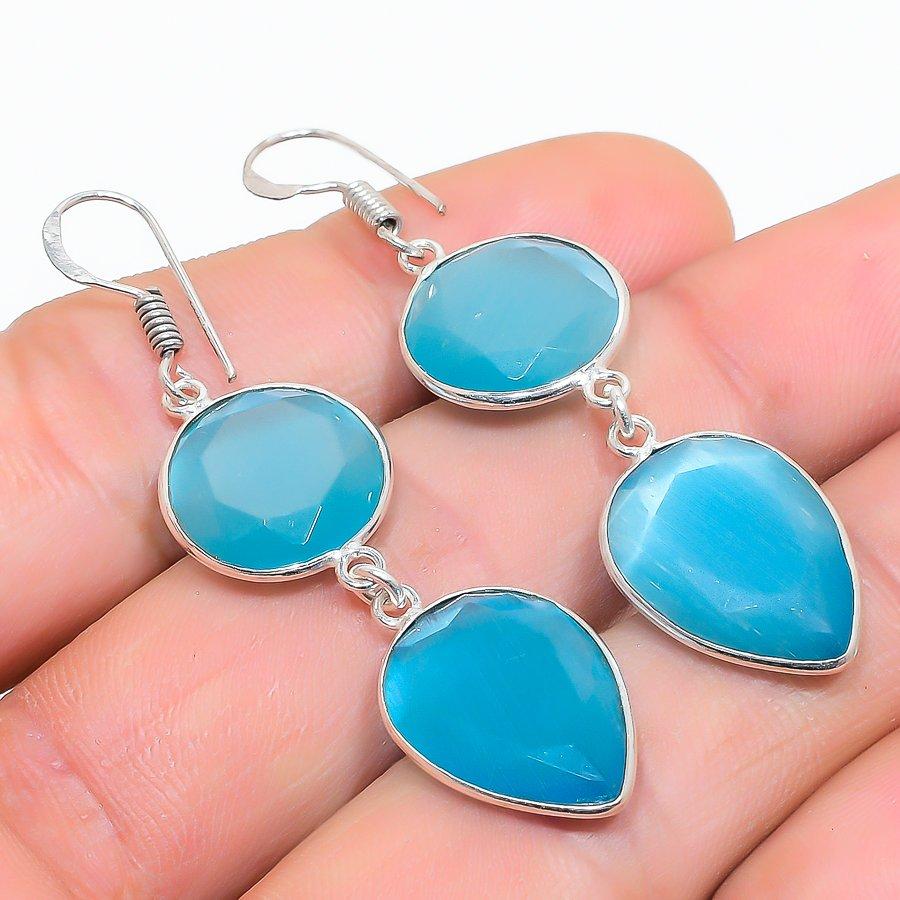 Blue Monalisa Gemstone Handmade 925 Sterling Silver Jewelry Earring 2.36" GK-7260