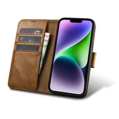 2in1 Leather Flip Case iPhone 14 Plus AntiRFID Oil Wax Wallet Case Light Brown