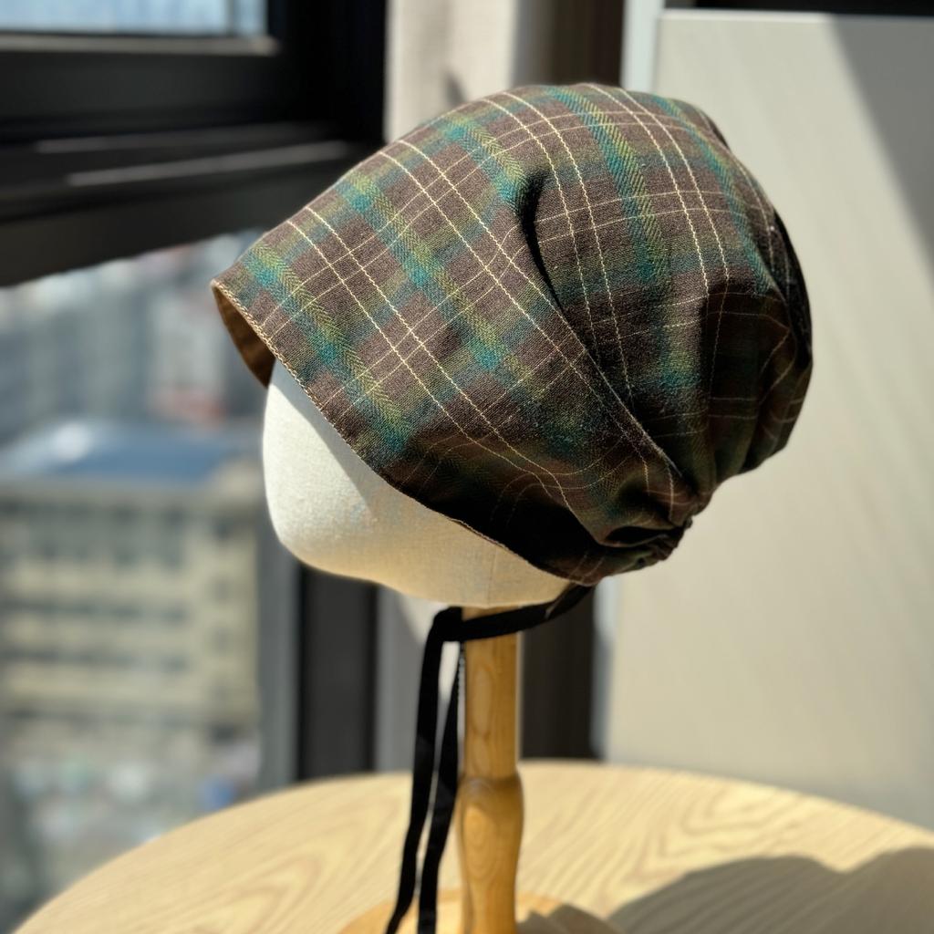 New Niche Plaid Lace Up Pullover Hat for Women Personality Irregular Baotou Hat Lazy Style  Face Showing Small Pile Hat