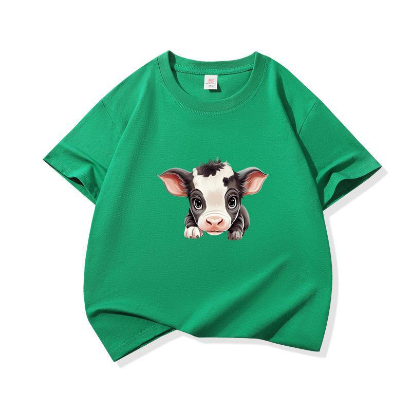 Kids Cotton T Shirt Adorable Baby Cow Peeking Print Crew Neck Short Sleeve Tee Casual Boys Girls Summer Tops
