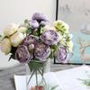 30cm Rose Pink Silk Bouquet Peony Artificial Flowers 5 Big Heads 4 Small Bud Bride Wedding Home Decoration Fake Flowers Faux