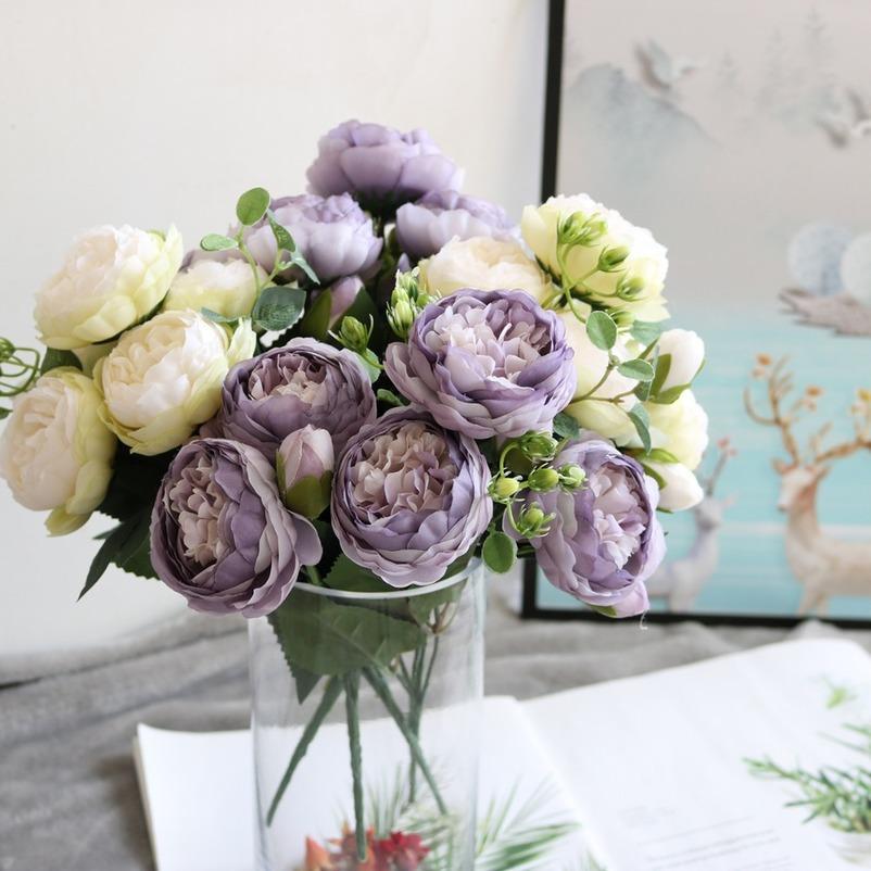 30cm Rose Pink Silk Bouquet Peony Artificial Flowers 5 Big Heads 4 Small Bud Bride Wedding Home Decoration Fake Flowers Faux