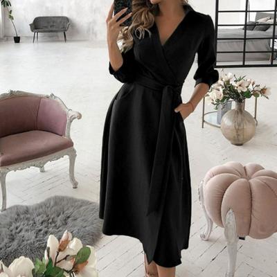 Women Dress Long Sleeve Large Hem Deep V Neck Solid Color Printed Belt Dress Streetwear for Spring/Summer
