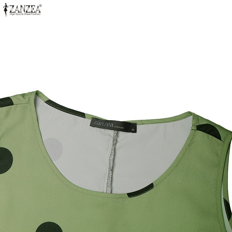 ZANZEA Women Casual Round Neck Sleeveless Loose Polka Dot Print Dress