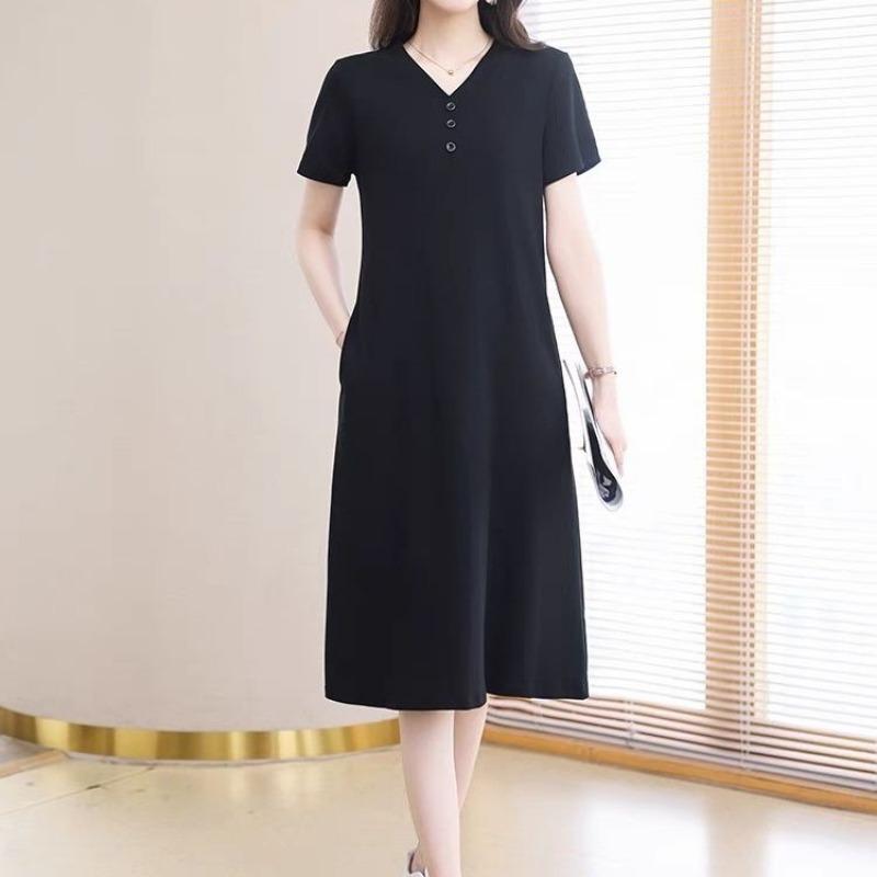 Women's V Neck Button Detail Midi Dress Short Sleeve Casual T Shirt Dress