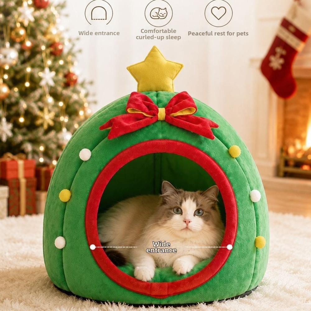 Halbgeschlossenes Haustierhaus in Weihnachtsbaumform Warme Plüsch-Haustier-Schlafhöhle Katzen-Sofabett Winter