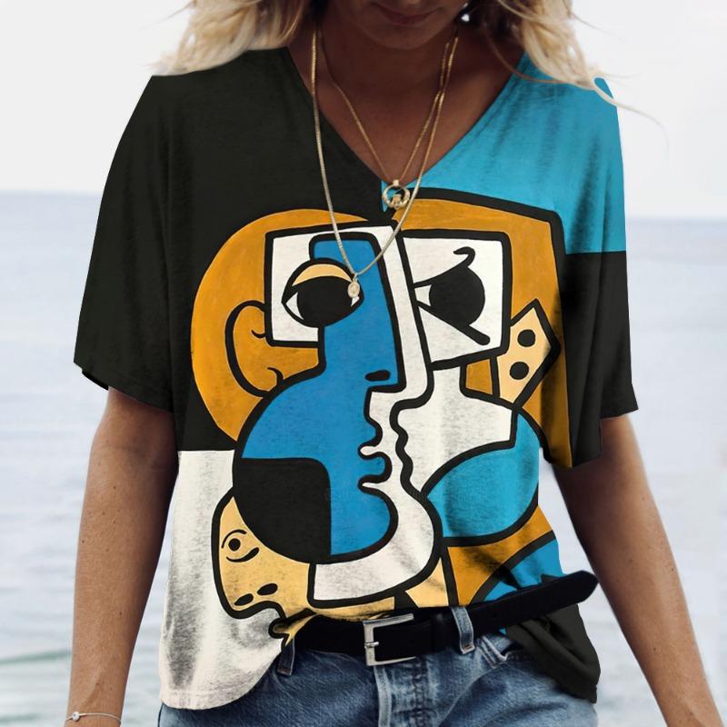 Summer Abstract Art Face 3D Print T-shirts Women Fashion Streetwear Short Sleeve V-Neck T Shirt Harajuku Tees Tops Clothing