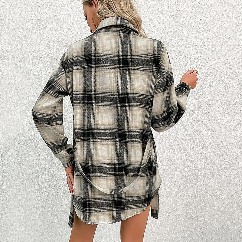 Casual Trend Versatile Autumn and Winter Women's Long Section Plaid Shirt Jacket Women