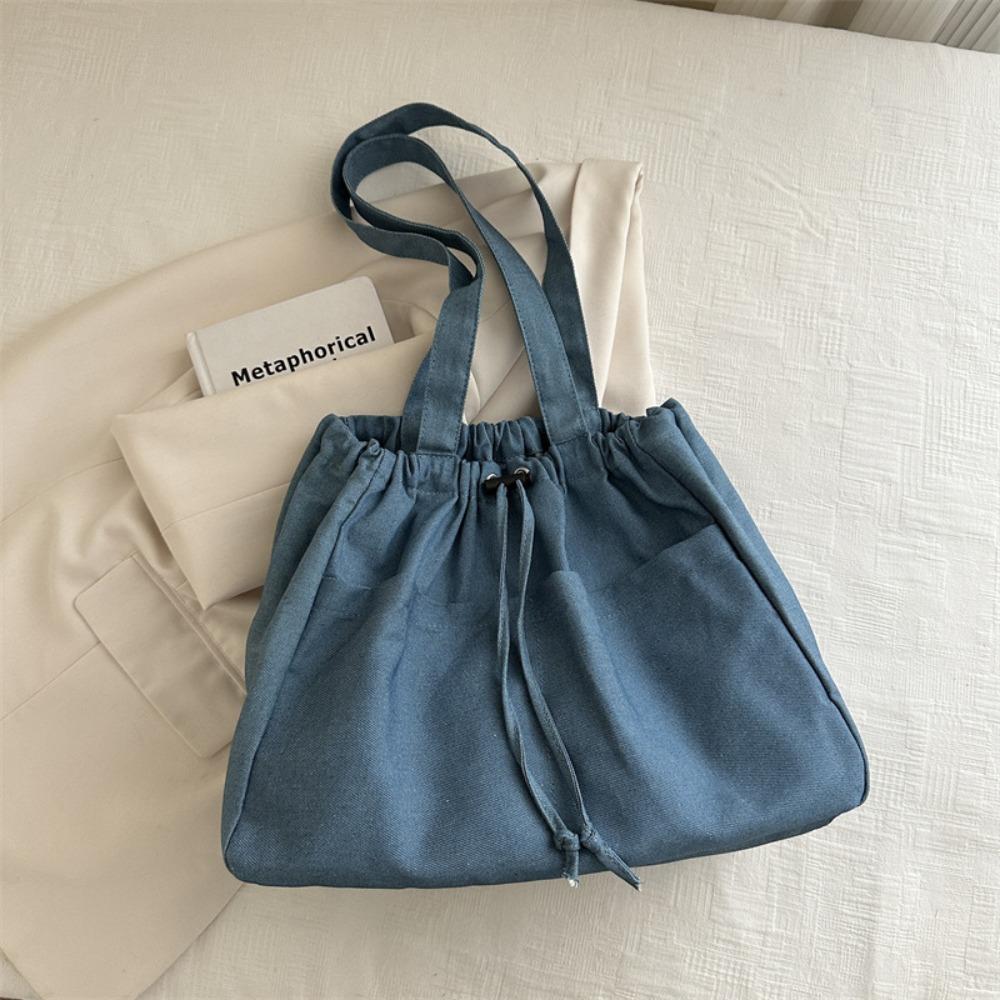 Casual Denim Tote Bag Large Capacity Canvas Bucket Bag Oxford Drawstring Shoulder Bag  Travel