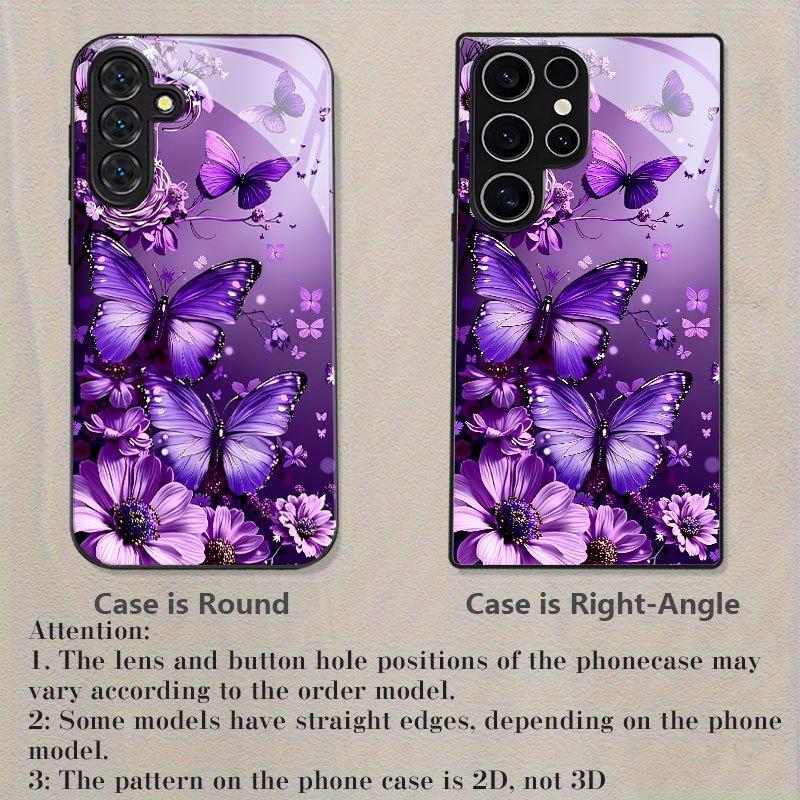 Purple Butterfly Flower Pattern Glass Phone Case Suitable for Samsung Galaxy S26 S25 S24 S22 S21 S20 FE/Ultra/Plus Hard Case