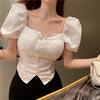 Retro White Square Neck Bubble Sleeve Irregular Short Shirt Women's Summer Unique Top