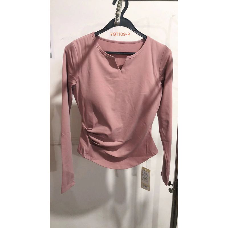 

Спортивная одежда для йоги с V-образным вырезом, женская, для бега, топы с чашками, облегающая футболка с длинным рукавом, дышащая, для здоровья, летняя, больших размеров Pink(YGT109-P) L