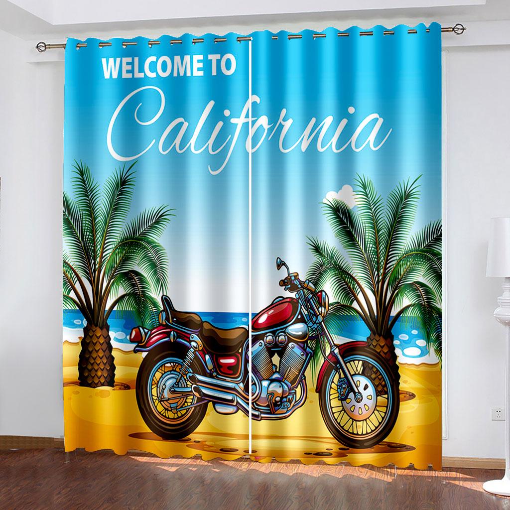 Motorcycle Illustration Printing Curtains Two Independent Curtains On The Left and Right Side Blackout Curtains for Bedrooms