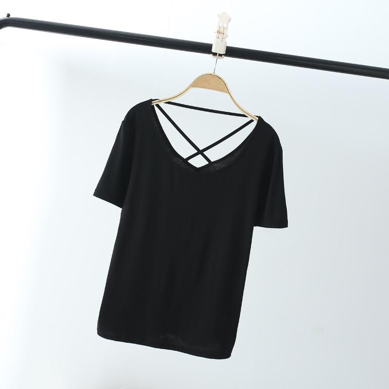 

Модал Базовая рубашка Женская повседневная тонкая летняя футболка с открытой спиной приталенная футболка с круглым вырезом и короткими рукавами XXL чёрный