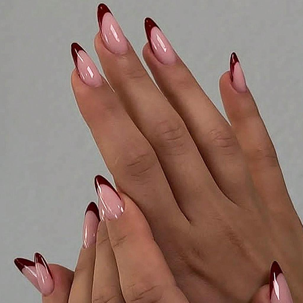 24PCS Red French-Edge Short Oval False Nails With Cherry Design And Reusable Acrylic False Nails Are Suitable For Daily Wear