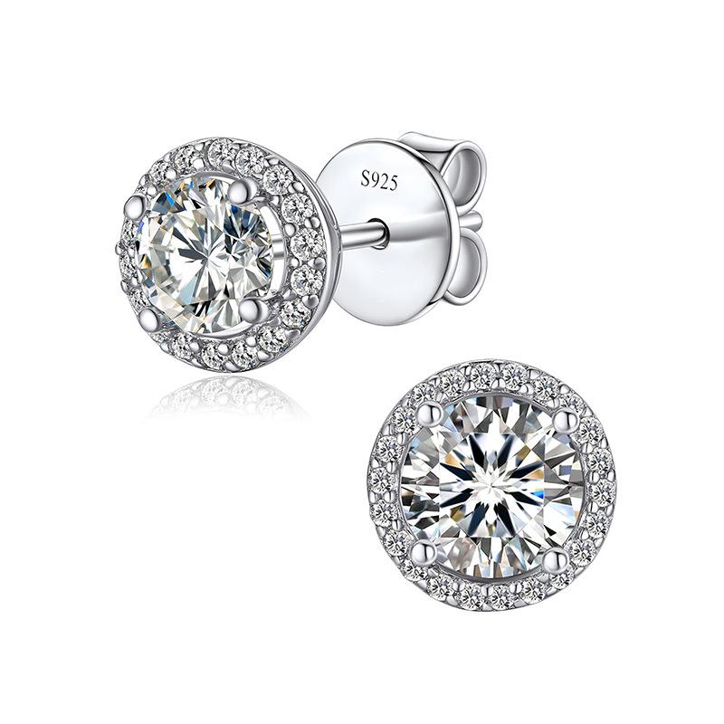 New S925 Sterling Silver Setting Round Faceted Cut Moissanite Diamond Women Ear Stud Earring Pair Fine Jewelry for Women Men