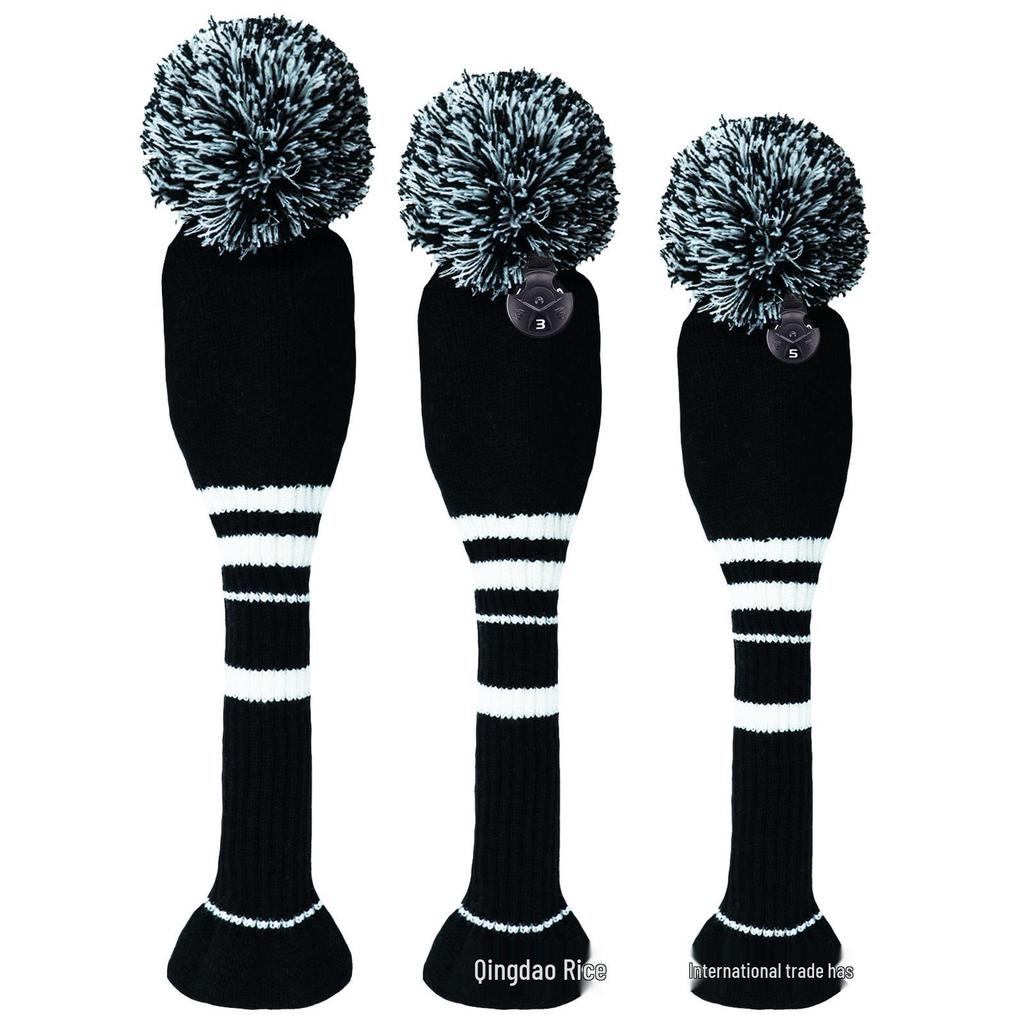 Striped Golf Club Headcovers - Set of 3 Knit Protective Covers for Woods (1/3/5) with Pom Pom Design.