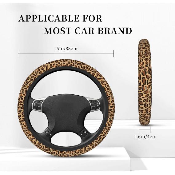 Leopard Steering Wheel Cover Anti-Slip And Practical 14.5-15 Inch Universal Car Steering Wheel Cover With 2 Pieces Car Coasters Suitable For Men