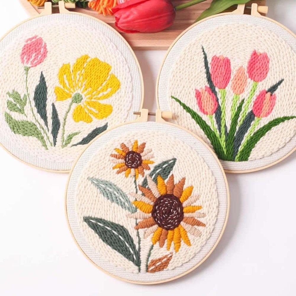 Stamped Cloth Tulip Sunflower Punch Needle Kit Yarn Thread DIY Embroidery Kit