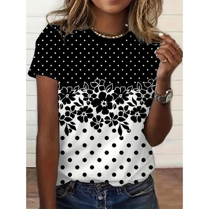 Summer Round Neck 3D Flower Pattern Print Top Fashionable Casual Short Sleeved Women's T-shirts