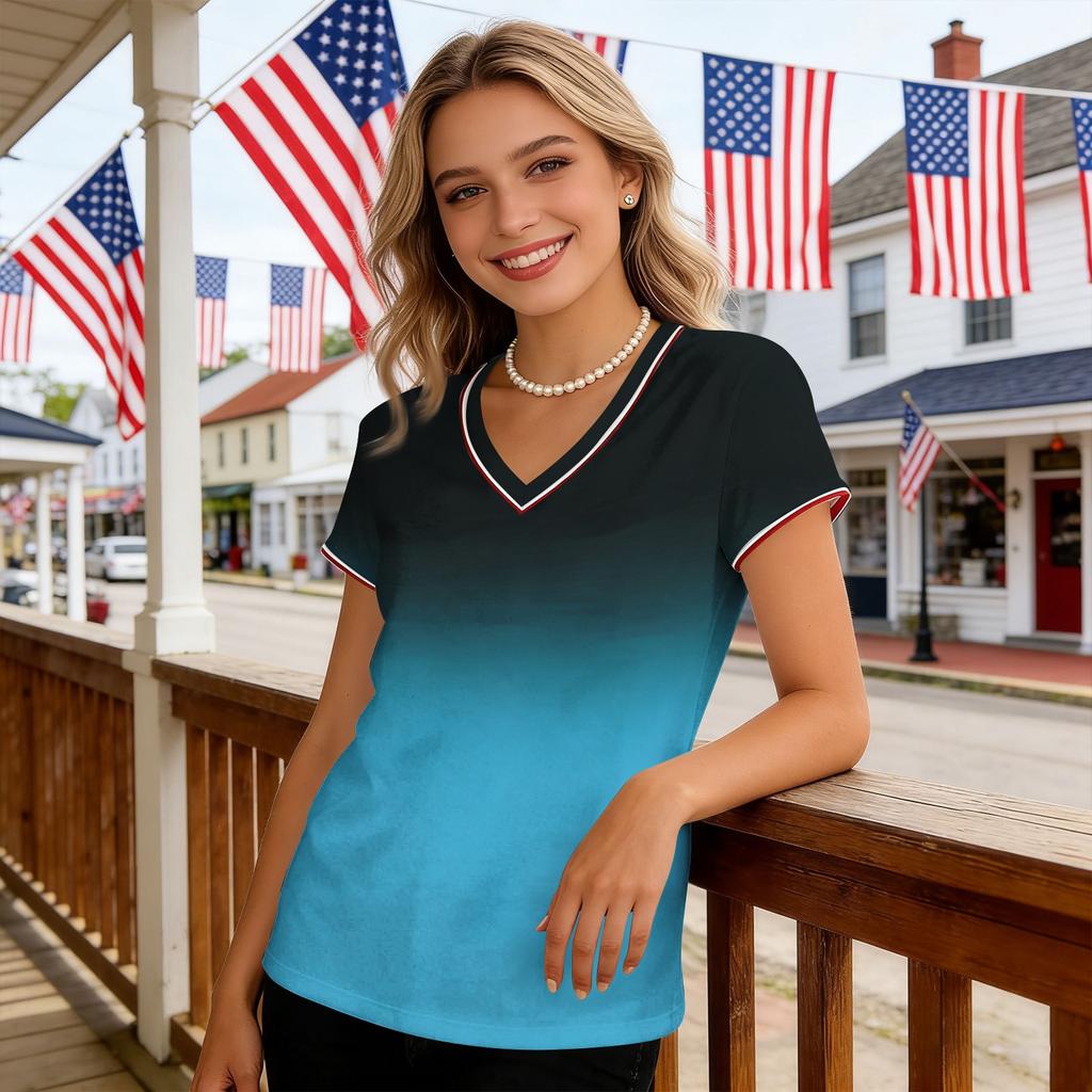 Camiseta Casual de Mujer con Cuello en V y Manga Corta, Jersey con Estampado Degradado, Tejido Ligero y Suave, Ajuste Cómodo