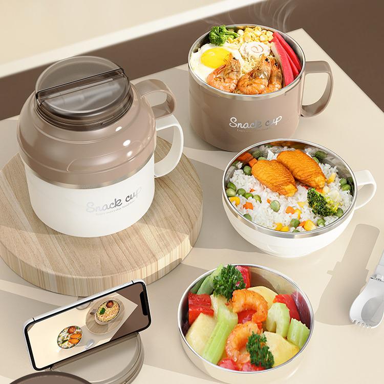 304 Stainless Steel Large Capacity Portable Noodle Bowl with Lid - Double Layer Lunch Box for Dormitory, Office & Canteen