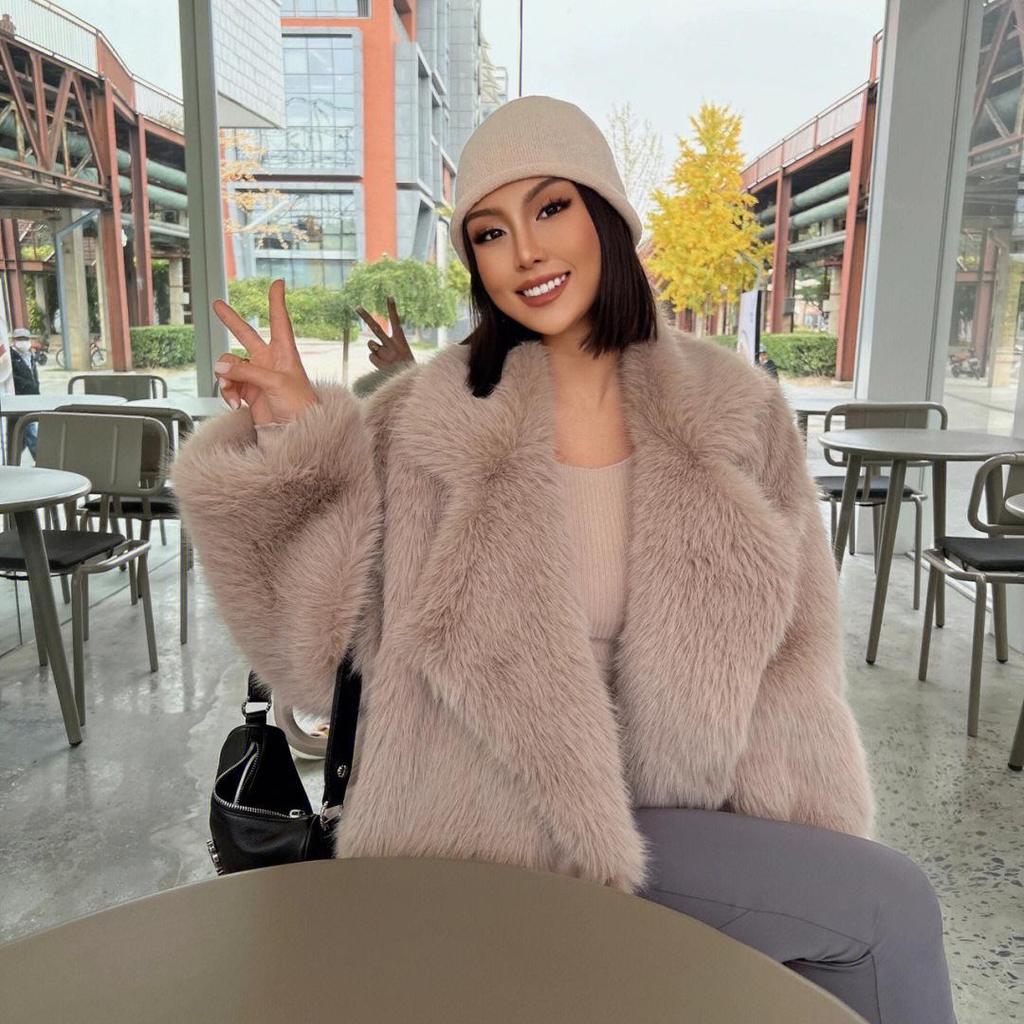 Cappotto di Pelliccia alla Moda Colletto Largo Medio Lungo Pelliccia Sintetica Donna Autunno Inverno Soprabito di Pelliccia