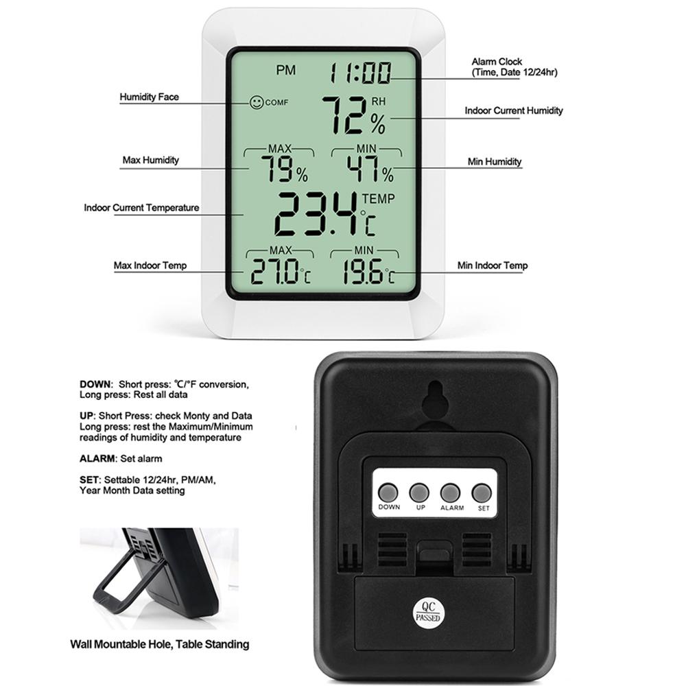Intelligent Temperature Humidity Meter with LCD Digital Display Screen Digital Thermometer Hygrometer with Time Alarm Max./Min. Value Function