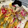 Spring Autumn Women Vintage Print Lace-up Collar Single Breasted Long Maxi Holiday Party Dresses with Belt