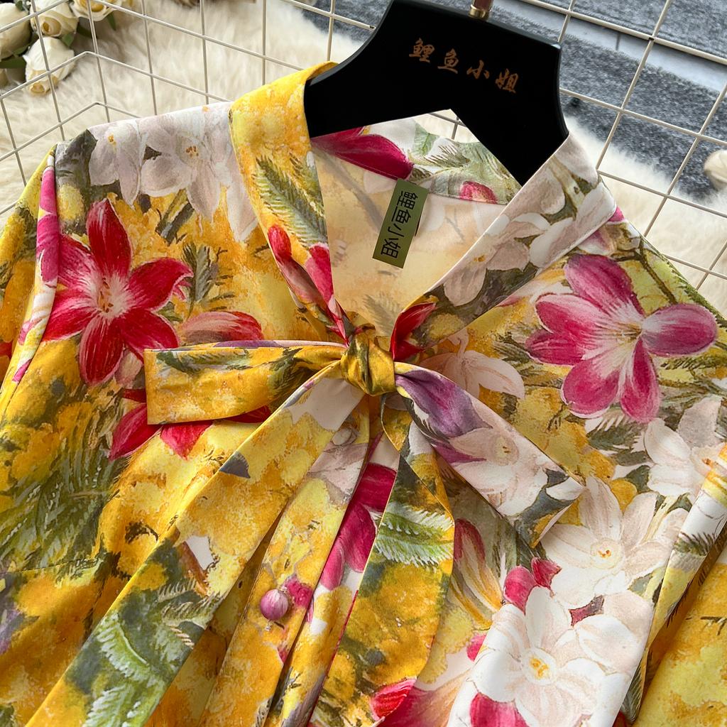 Spring Autumn Women Vintage Print Lace-up Collar Single Breasted Long Maxi Holiday Party Dresses with Belt