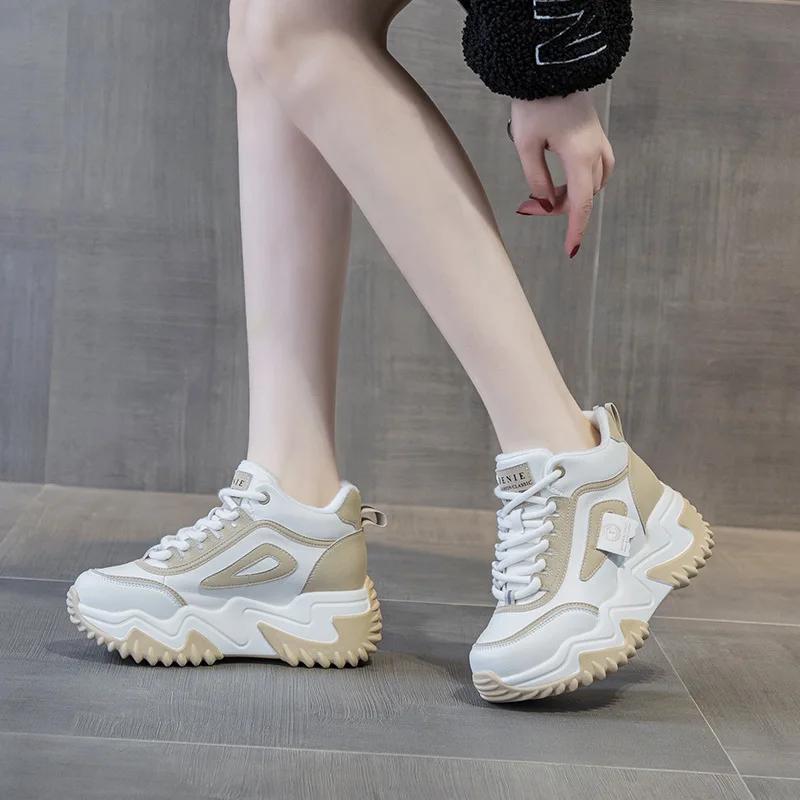 Genuine Leather 7CM Casual Sneakers Women  New Chunky Platform Sports Shoes Ladies High Heels Designer Tennis Thick Bottom